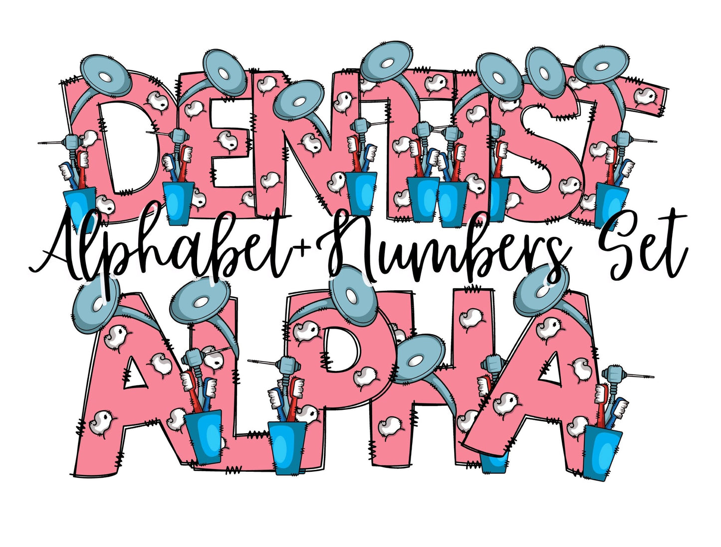 Dentist Doodle Letters Doodle Letter Alphabet with Uppercase and Numbers PNG, Alphabet PNG Digital Download