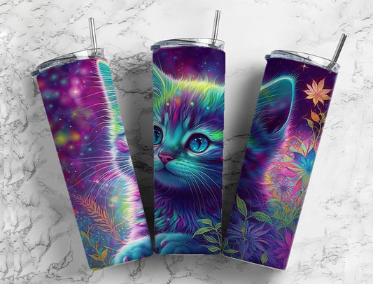 Alcohol Ink Kitten 20oz Sublimation Tumbler Designs, Rainbow Cat 9.2 x 8.3” Straight Skinny Tumbler Wrap PNG, Sublimation Design PNG