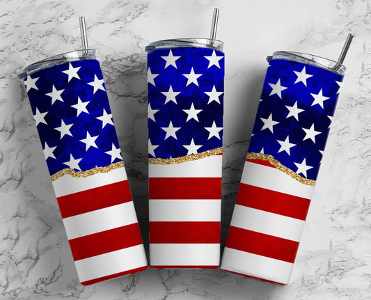 America Flag 20oz Sublimation Tumbler Designs, USA Patriot 9.2 x 8.3” Straight Skinny Tumbler Wrap PNG, Gold Agate 105