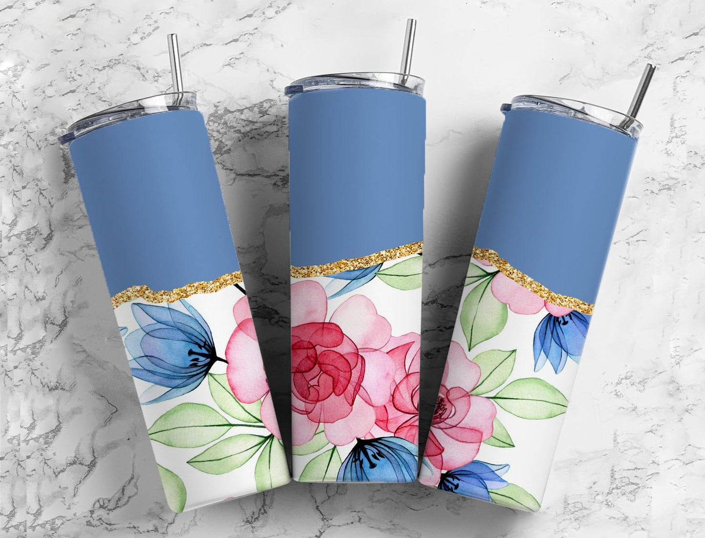 Aesthetic Flower 20oz Sublimation Tumbler Designs, Agate Glitter Blue 9.2 x 8.3” Straight Skinny Tumbler Wrap PNG