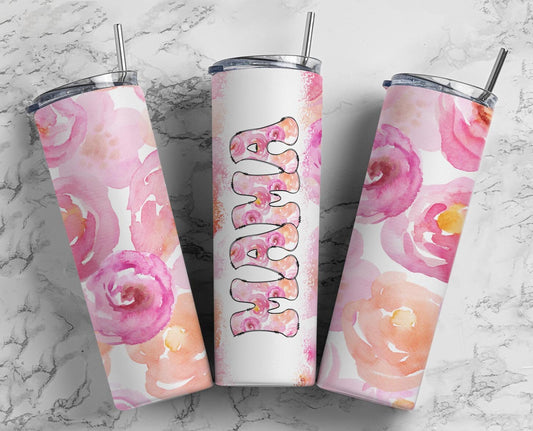 Pink Peach Flower 20oz Sublimation Tumbler Designs, Retro Mama 9.2 x 8.3” Straight Skinny Tumbler Wrap PNG, Mom Tumbler