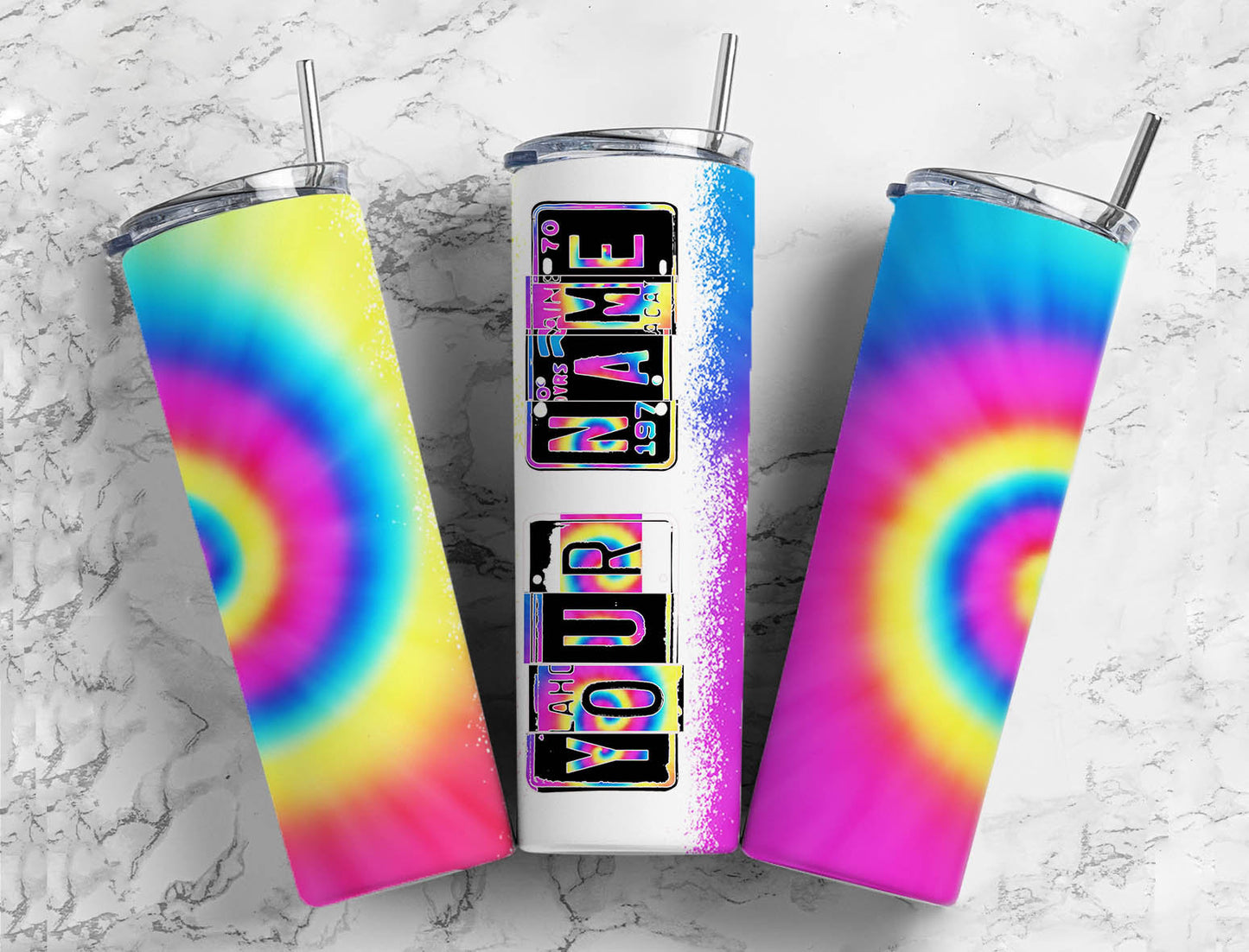 Tie dye spiral Number Plate 20 oz Tumbler with Matching Alphabet PNG, Rainbow colorful Alphabet PNG Digital Download