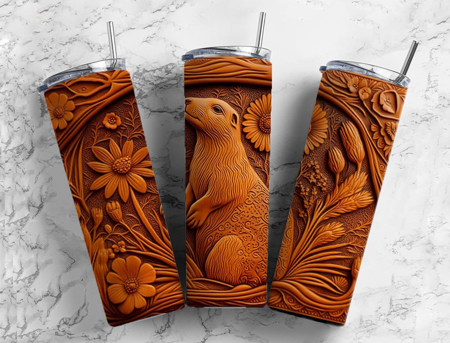 Tooled leather prairie dog 20oz Sublimation Tumbler Designs, Engraved leather 9.2 x 8.3” Straight Skinny Tumbler Wrap PNG