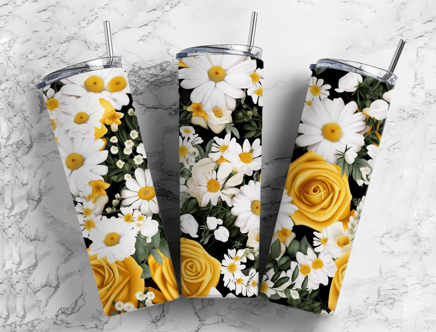 Daisy floral 20oz Sublimation Tumbler Designs, Yellow roses 9.2 x 8.3” Straight Skinny Tumbler Wrap PNG