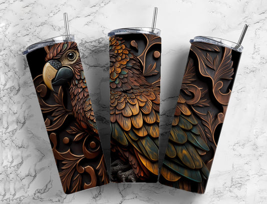 Tooled leather parrot 20oz Sublimation Tumbler Designs, engraved leather 9.2 x 8.3” Straight Skinny Tumbler Wrap PNG