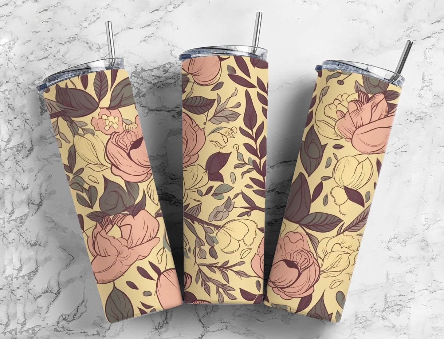 Vintage floral 20oz Sublimation Tumbler Designs, Soft flowers 9.2 x 8.3” Straight Skinny Tumbler Wrap PNG