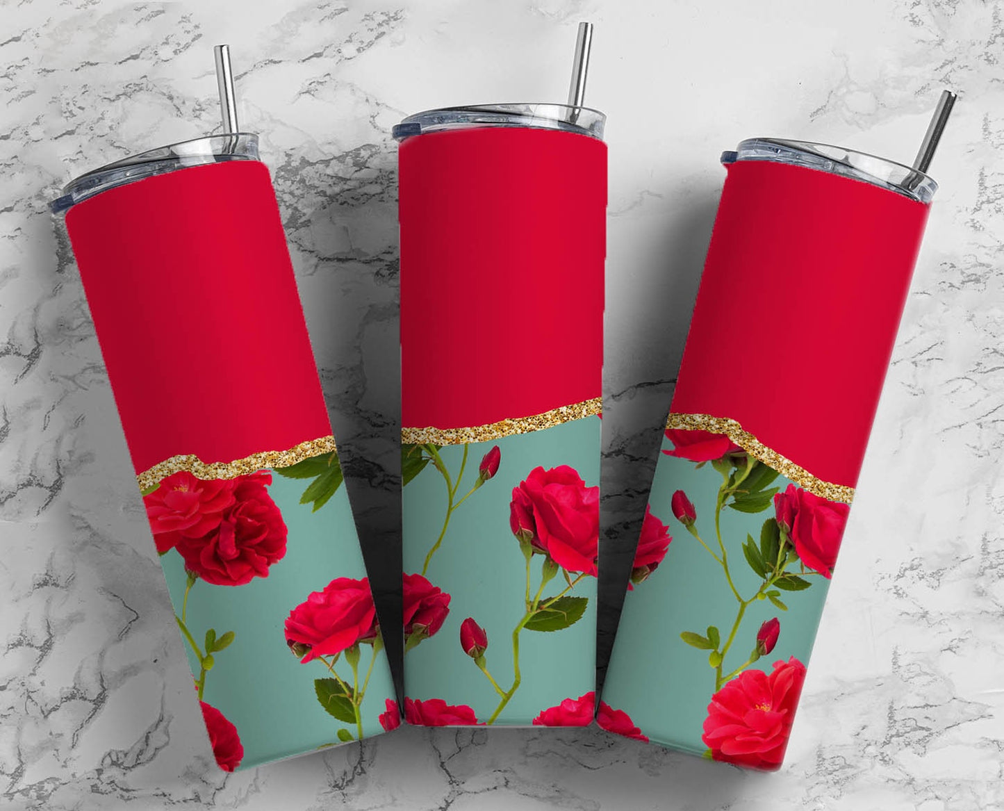 Red Rose Flower 20oz Sublimation Tumbler Designs, AestheticFloral 9.2 x 8.3” Straight Skinny Tumbler Wrap PNG, Gold Agate 187