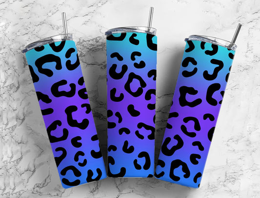 Dark blue gradient 20oz Sublimation Tumbler Designs, Leopard print 9.2 x 8.3” Straight Skinny Tumbler Wrap PNG