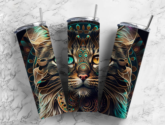 Cat face 20oz Sublimation Tumbler Designs, Blue and orange 9.2 x 8.3” Straight Skinny Tumbler Wrap PNG