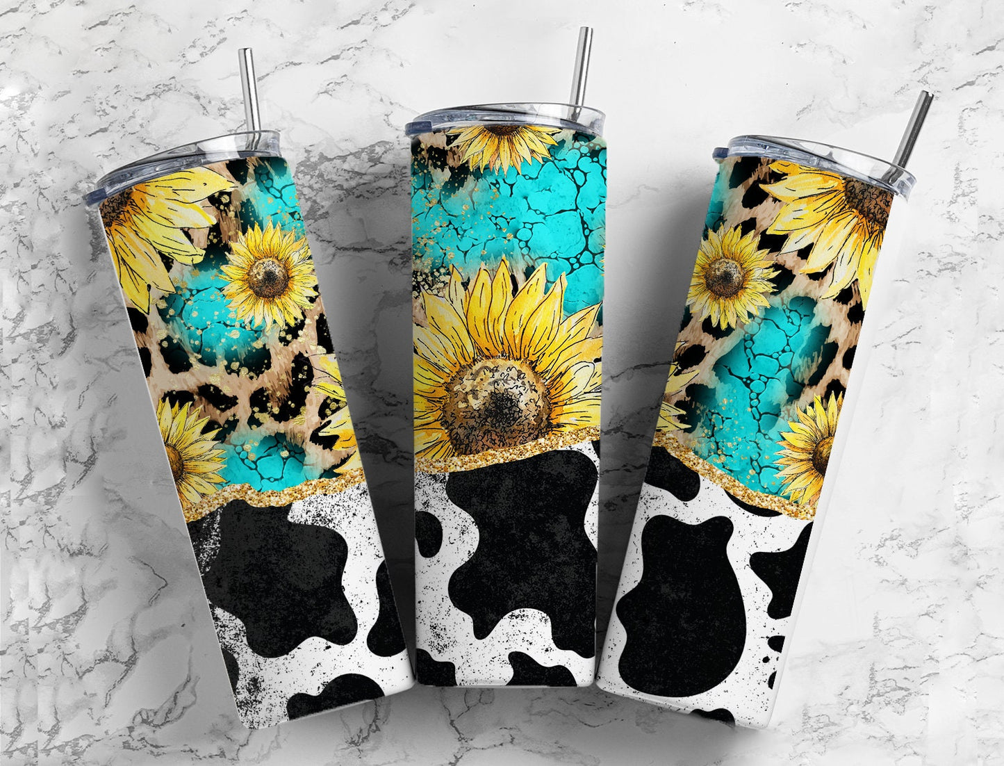 Sunflower Cow 20oz Sublimation Tumbler Designs, Turquoise Country Western 9.2 x 8.3” Straight Skinny Tumbler Wrap PNG24