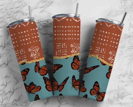 Boho Aesthetic Butterfly 20oz Sublimation Tumbler Designs, Brown Green Gold Agate Line 9.2 x 8.3” Straight Skinny Tumbler Wrap PNG 34