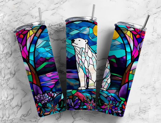 polar bear 20oz Sublimation Tumbler Designs, stained glass landscape 9.2 x 8.3” Straight Skinny Tumbler Wrap PNG