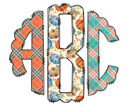 Plaid Fall Monogram Letters, Boho Sublimation PNG Elements Hand Drawn Doodle Alpha Bundle, Pumpkin Tartan Sublimation Font PNG Floral