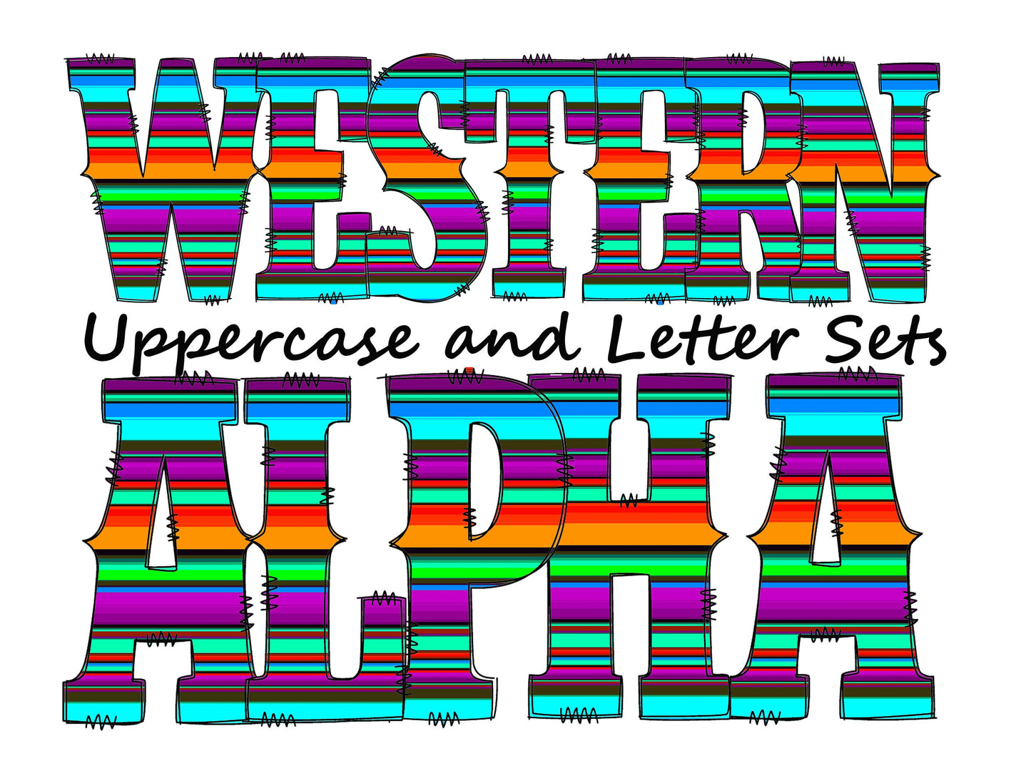 Mexican serape Doodle Letters Western Alphabet, Colorful striped Alphabet PNG, Entire Doodle Alphabet Uppercase and Numbers PNG