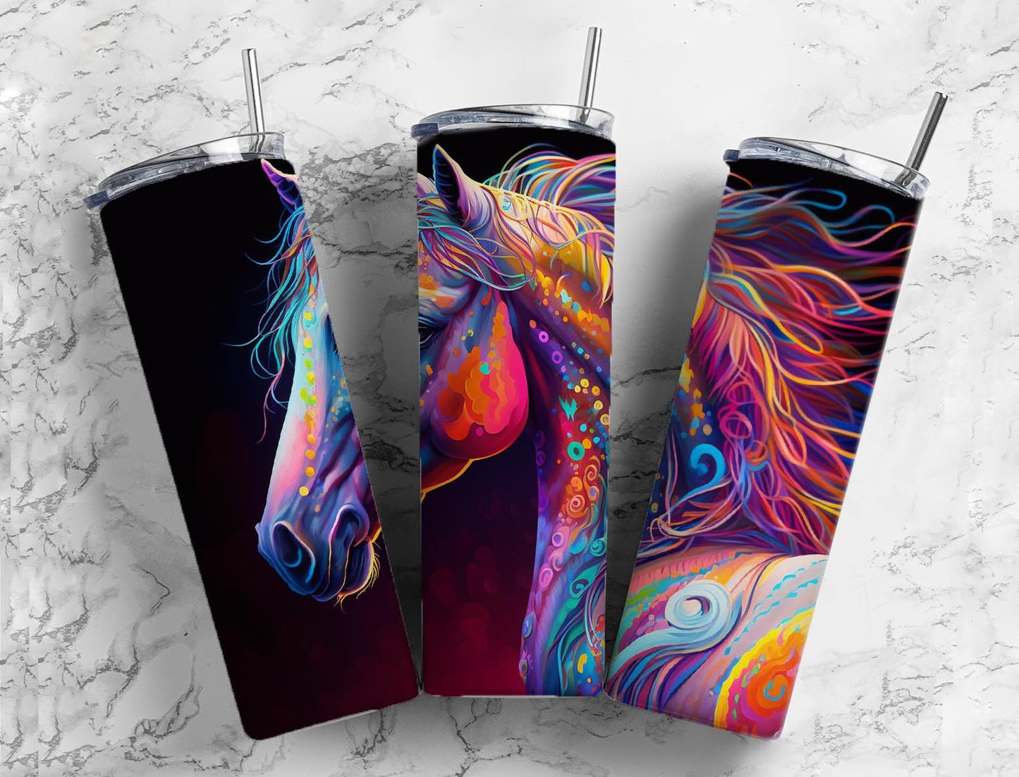 Rainbow hair horse 20oz Sublimation Tumbler Designs, Colorful neon 9.2 x 8.3” Straight Skinny Tumbler Wrap PNG