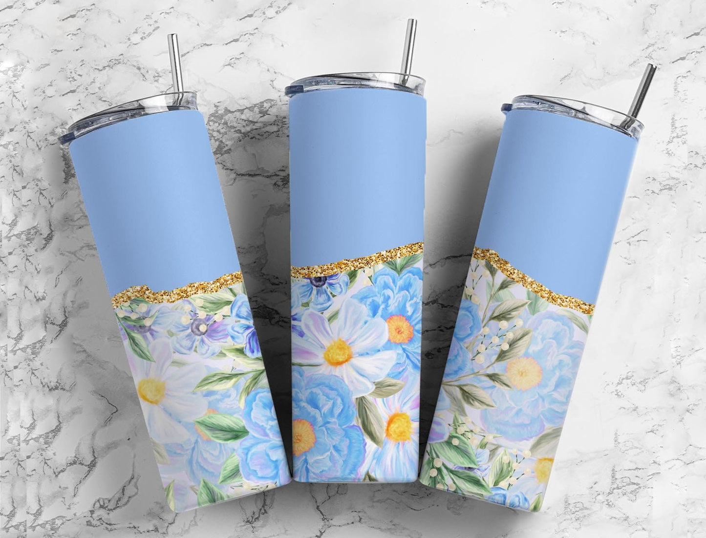 Boho Flower 20oz Sublimation Tumbler Designs, Agate Glitter Blue 9.2 x 8.3” Straight Skinny Tumbler Wrap PNG