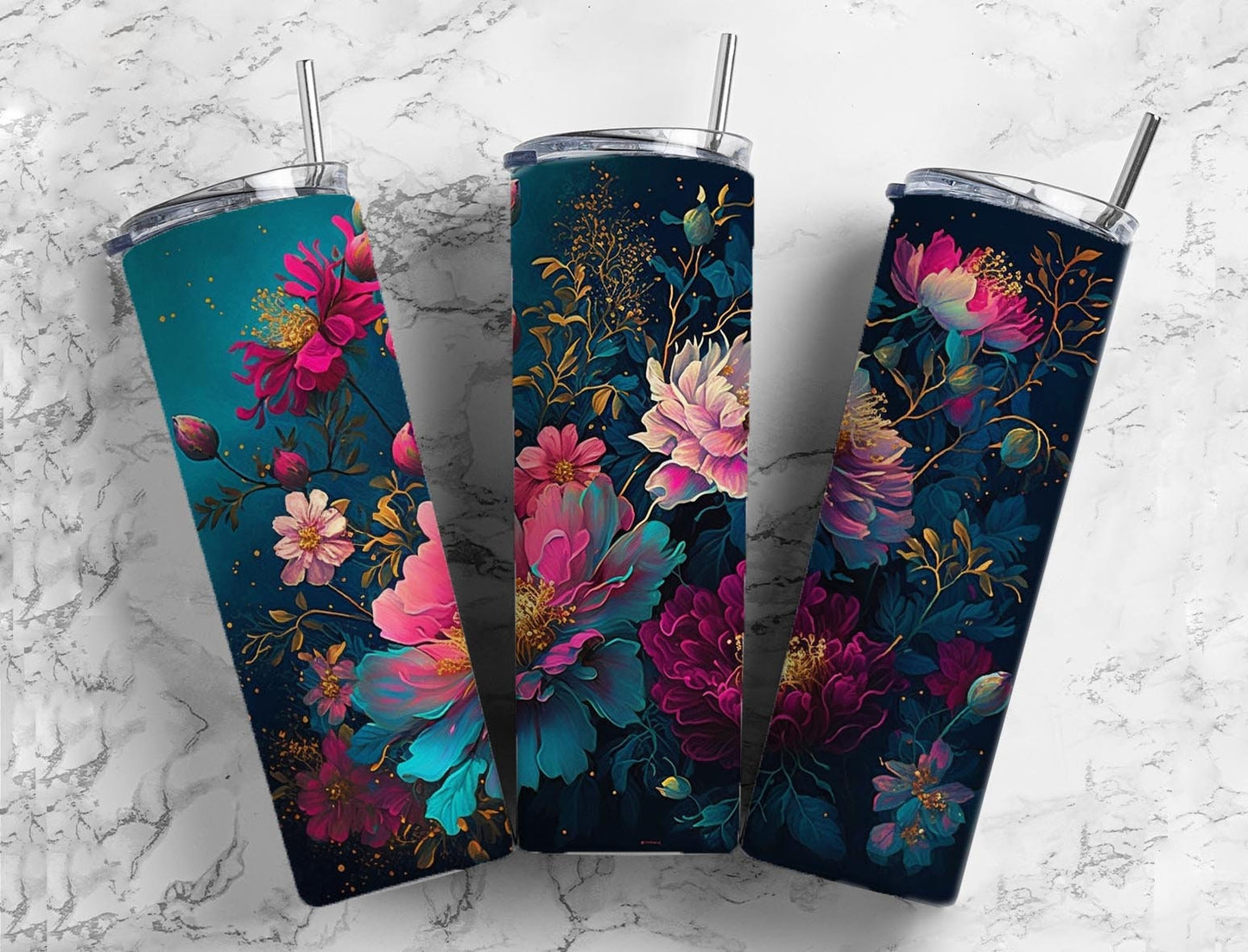 Dark floral 20oz Sublimation Tumbler Designs, pink flowers 9.2 x 8.3” Straight Skinny Tumbler Wrap PNG