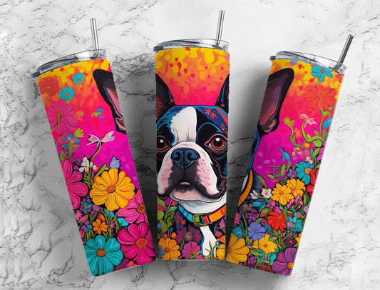 Boston terrier 20oz Sublimation Tumbler Designs, Rainbow floral 9.2 x 8.3” Straight Skinny Tumbler Wrap PNG