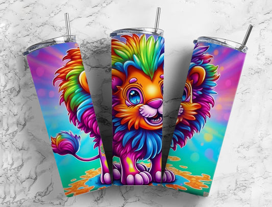 Cartoon lion 20oz Sublimation Tumbler Designs, Rainbow colorful 9.2 x 8.3” Straight Skinny Tumbler Wrap PNG