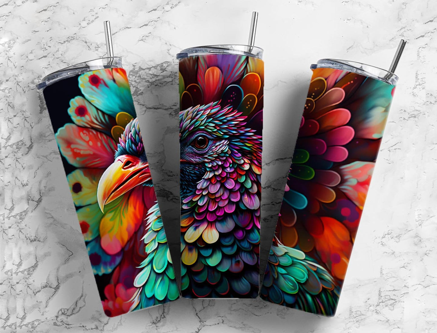 Rainbow turkey 20oz Sublimation Tumbler Designs, Colorful neon 9.2 x 8.3” Straight Skinny Tumbler Wrap PNG (1)