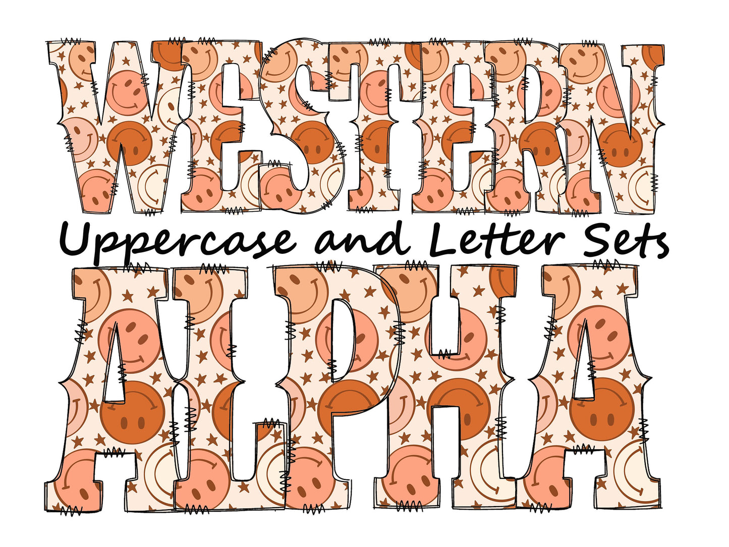 Retro smiley face Doodle Letters Western Alphabet, orange star Alphabet PNG, Entire Doodle Alphabet Uppercase and Numbers PNG