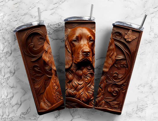 Tooled leather cocker spaniel 20oz Sublimation Tumbler Designs, Engraved leather 9.2 x 8.3” Straight Skinny Tumbler Wrap PNG