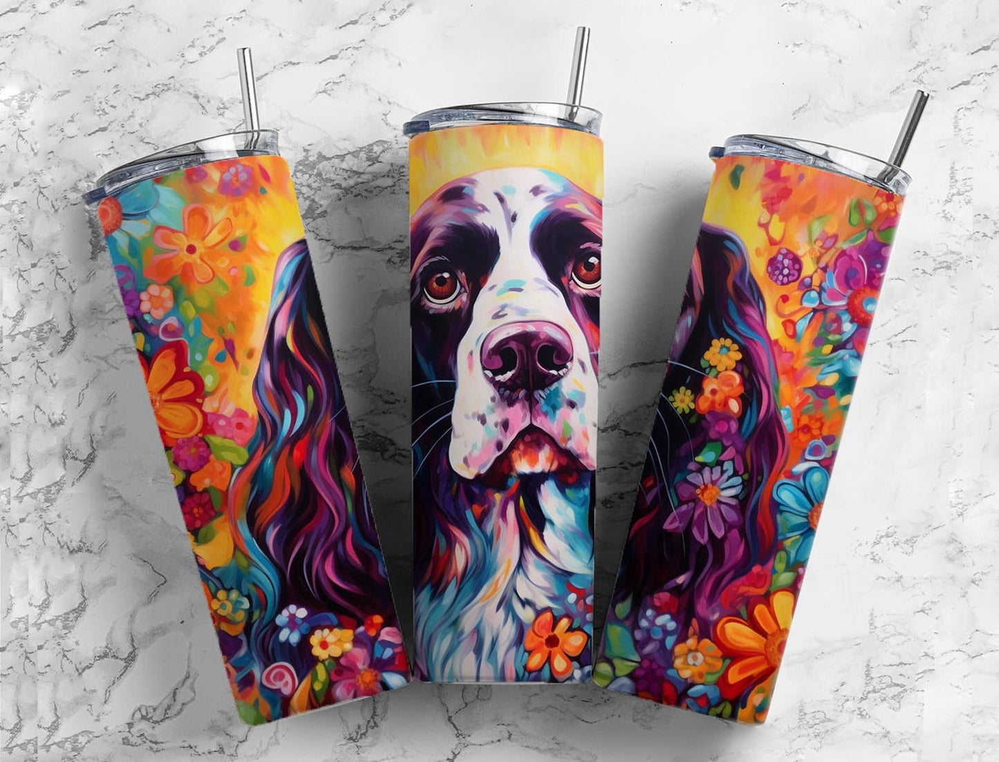 Cocker spaniel 20oz Sublimation Tumbler Designs, Colorful floral 9.2 x 8.3” Straight Skinny Tumbler Wrap PNG