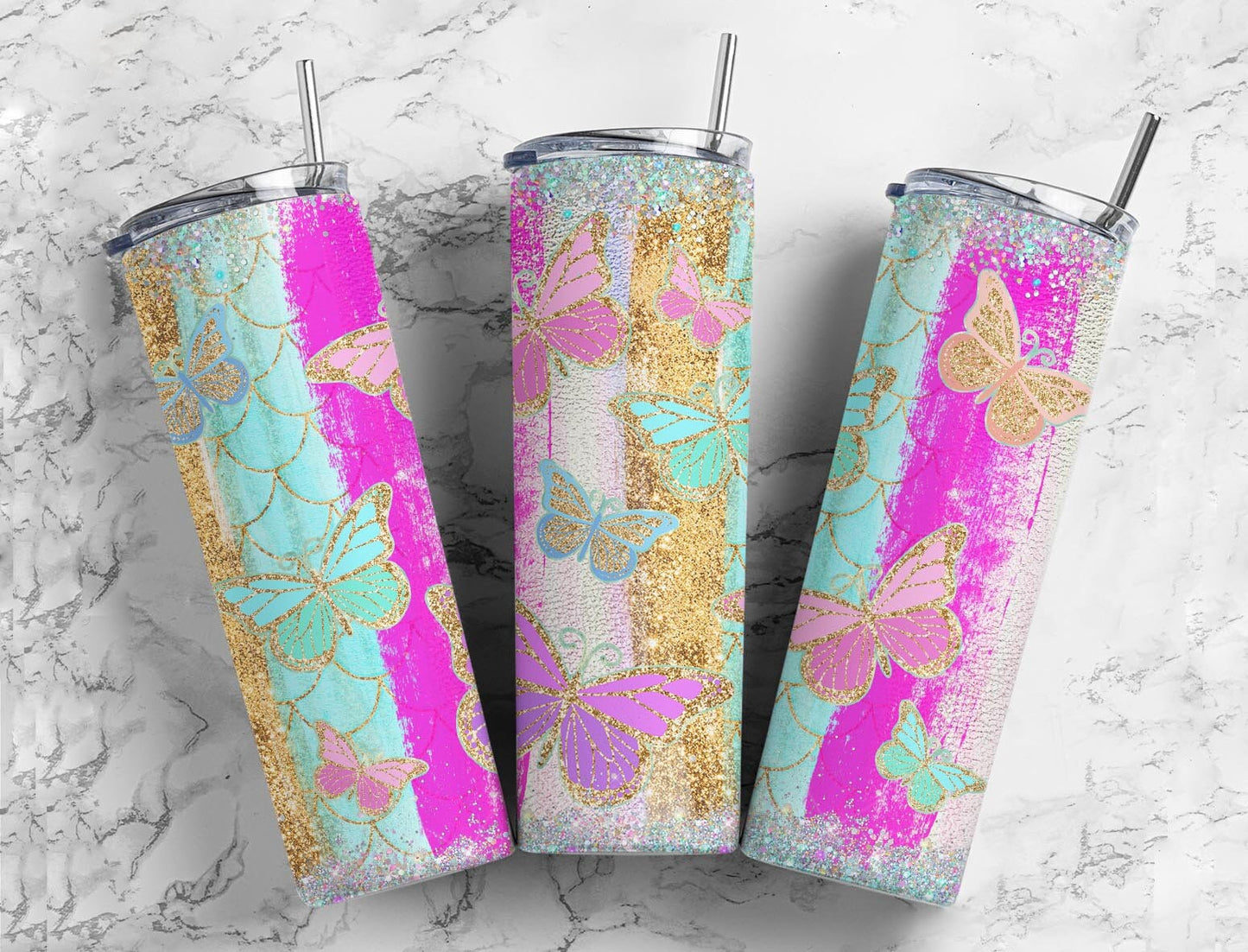 Butterfly Gold 20oz Sublimation Tumbler Designs, Glitter Rainbow 9.2 x 8.3” Straight Skinny Tumbler Wrap PNG