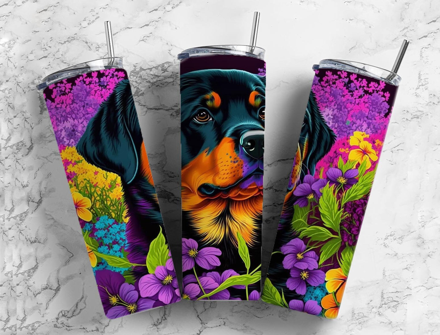 Rottweiler Dog 20oz Sublimation Tumbler Designs, Vibrant Floral 9.2 x 8.3” Straight Skinny Tumbler, Tumbler Wrap PNG