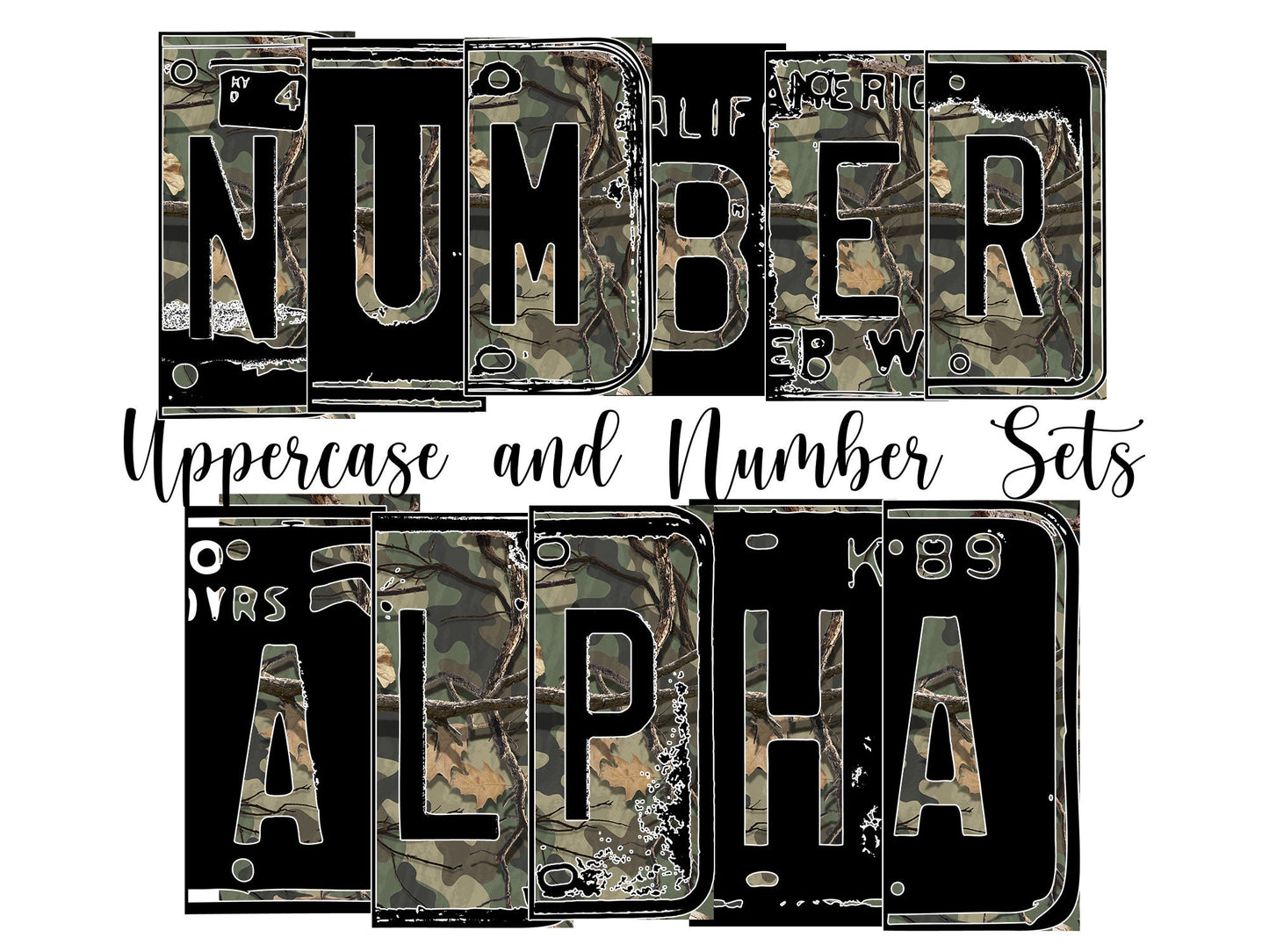 Camo Number Plate Alphabet Uppercase Numbers PNG, Hunting Alphabet PNG Digital Download