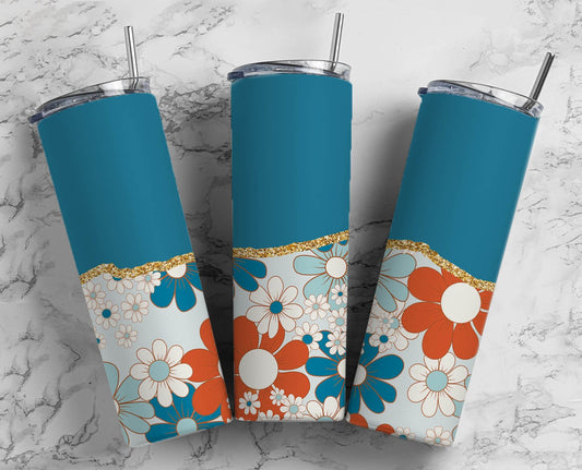 Retro Blue Orange Flower 20oz Sublimation Tumbler Designs, AestheticFloral 9.2 x 8.3” Straight Skinny Tumbler Wrap PNG, Gold Agate47