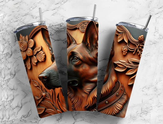 tooled leather German Shepherd 20oz Sublimation Tumbler Designs, Engraved leather 9.2 x 8.3” Straight Skinny Tumbler Wrap PNG