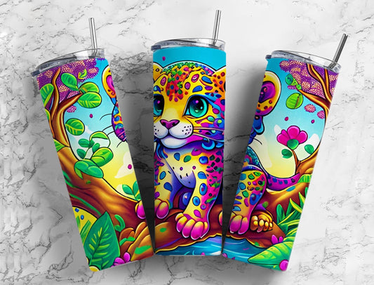 Cartoon leopard 20oz Sublimation Tumbler Designs, Colorful rainbow 9.2 x 8.3” Straight Skinny Tumbler Wrap PNG