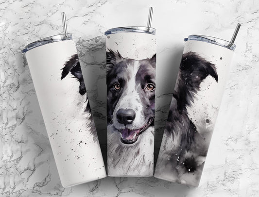 Black and white 20oz Sublimation Tumbler Designs, border collie dog 9.2 x 8.3” Straight Skinny Tumbler Wrap PNG