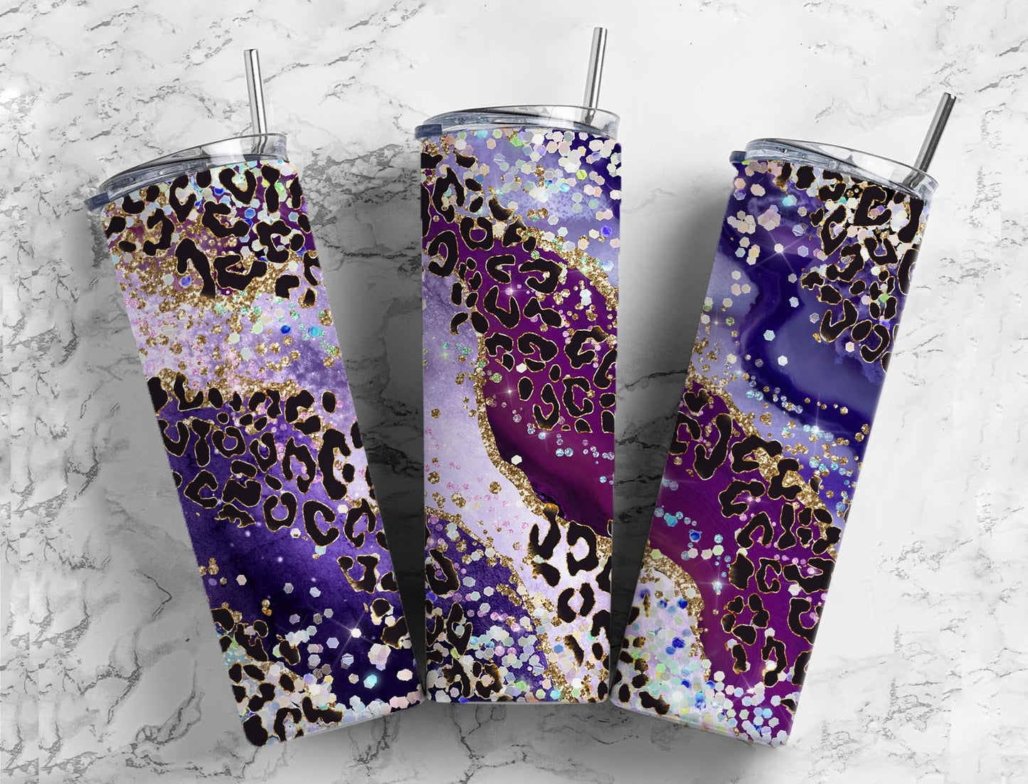 Agate Leopard Print Glitter 20oz Sublimation Tumbler Designs, Bright Paint Pour 9.2 x 8.3” Straight Skinny Tumbler Wrap, Alcohol Ink PNG