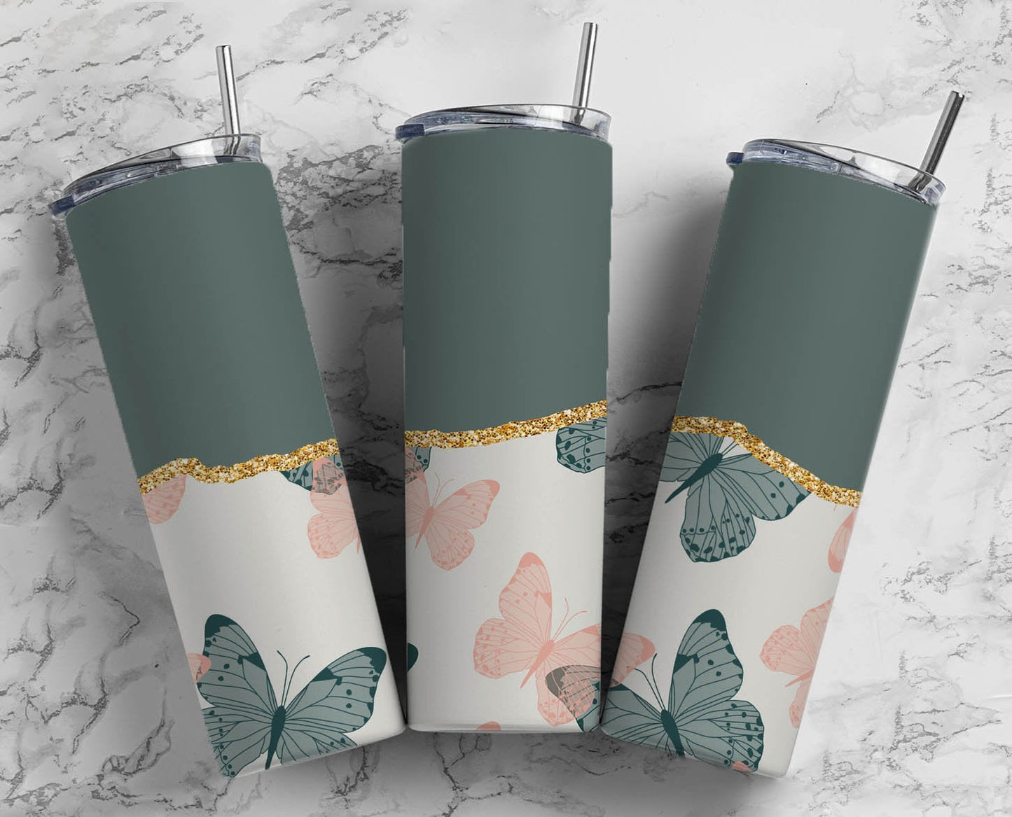 Sunflower Butterfly Flower 20oz Sublimation Tumbler Designs, AestheticFloral 9.2 x 8.3” Straight Skinny Tumbler Wrap PNG, Gold Agate40