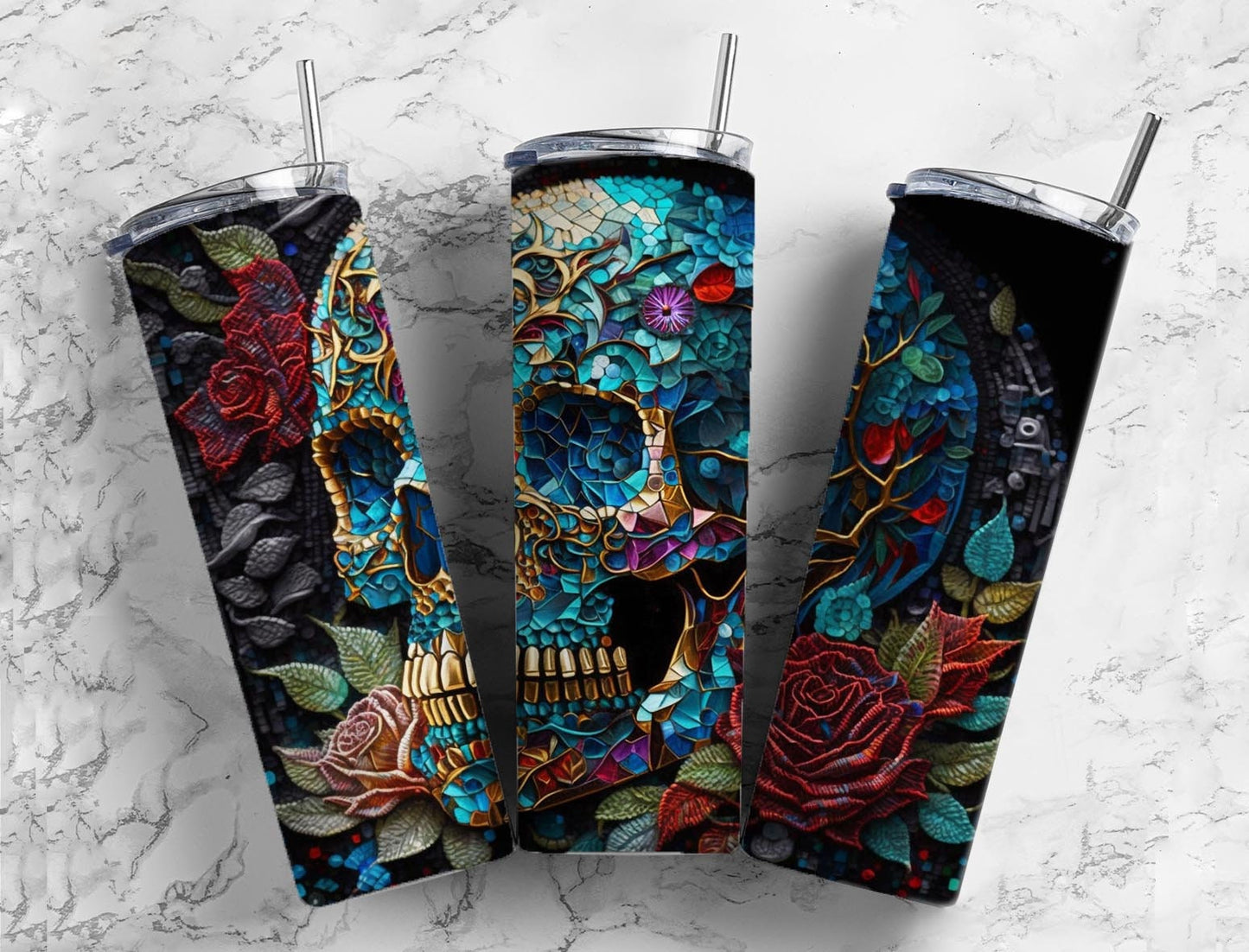 Skull and roses 20oz Sublimation Tumbler Designs, Dark botanical 9.2 x 8.3” Straight Skinny Tumbler Wrap PNG