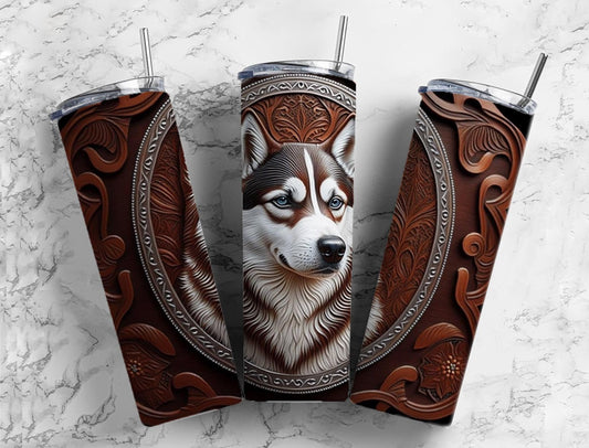 Tooled leather Siberian husky 20oz Sublimation Tumbler Designs, Engraved leather 9.2 x 8.3” Straight Skinny Tumbler Wrap PNG