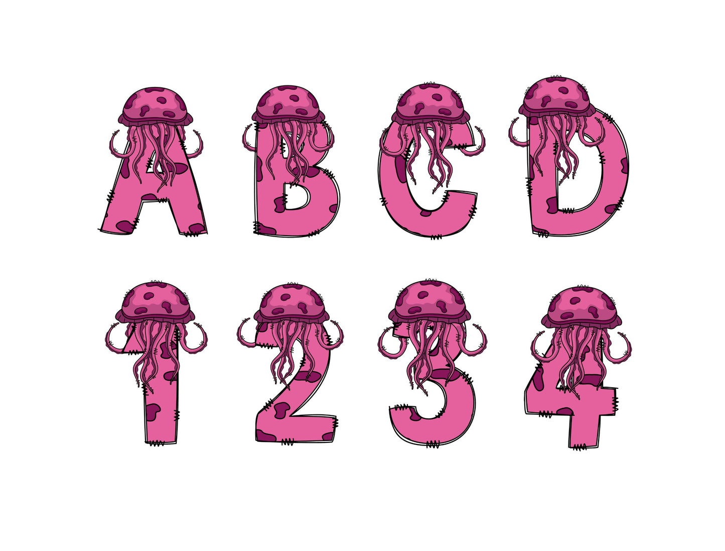 Jelly fish Doodle Letters, Jellyfish Alphabet, Fish Alphabet PNG, Entire Doodle Alphabet Uppercase Lowercase Numbers PNG