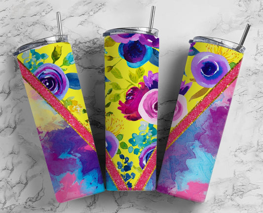 Tye Die Floral 20oz Sublimation Tumbler Designs, Yellow and Pink 9.2 x 8.3” Straight Skinny Tumbler Wrap, Purple Aesthetic Tumbler