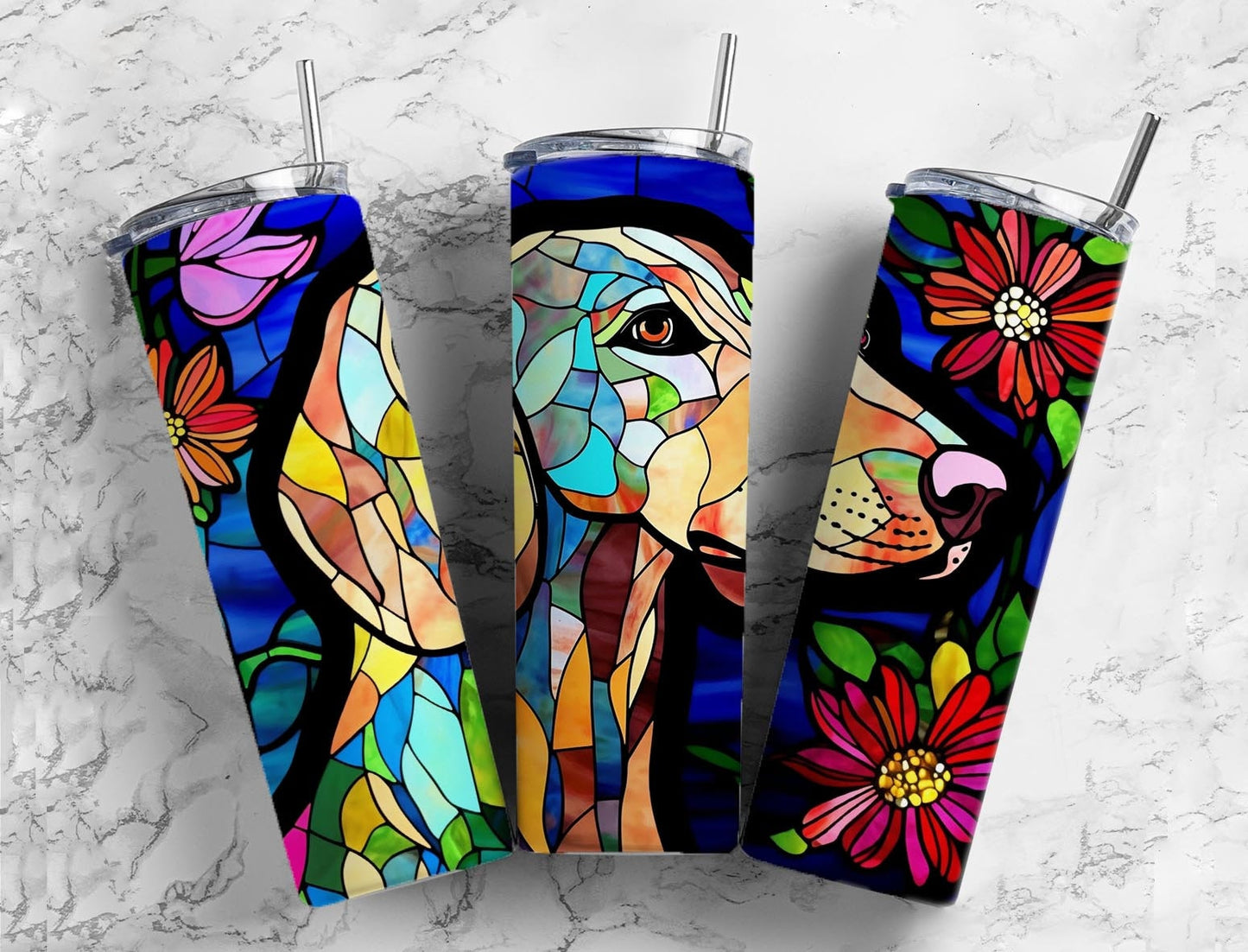 Colorful dog 20oz Sublimation Tumbler Designs, Stained glass floral 9.2 x 8.3” Straight Skinny Tumbler Wrap PNG