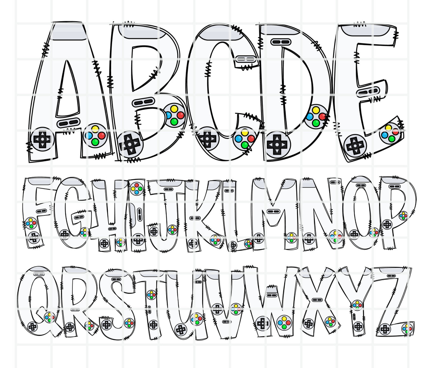 Video Game Doodle Letters, Gamer Alphabet, Gaming Alphabet PNG, Entire Doodle Alphabet Uppercase Lowercase Numbers PNG