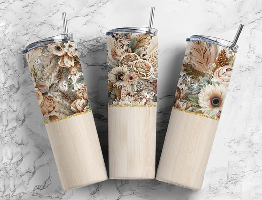 Boho FLower  20oz Sublimation Tumbler Designs, wood rustic 9.2 x 8.3” Straight Skinny Tumbler Wrap PNG