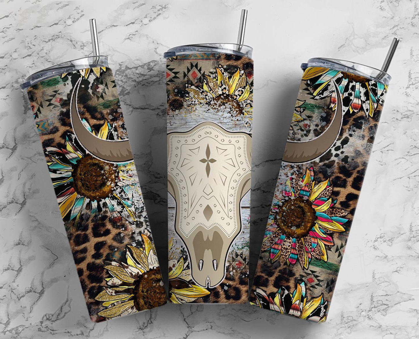 Sunflower Bull Skull 20oz Sublimation Tumbler Designs, Country Western 9.2 x 8.3” Straight Skinny Tumbler Wrap PNG