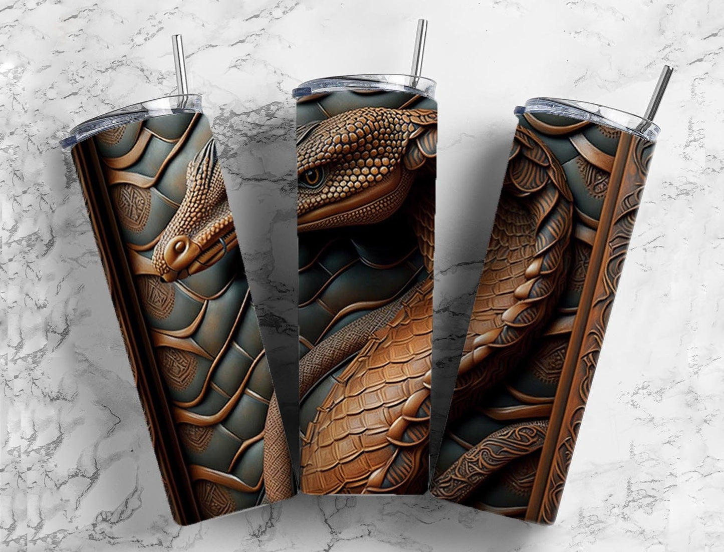 Tooled leather Snake 20oz Sublimation Tumbler Designs, Engraved Leather 9.2 x 8.3” Straight Skinny Tumbler Wrap