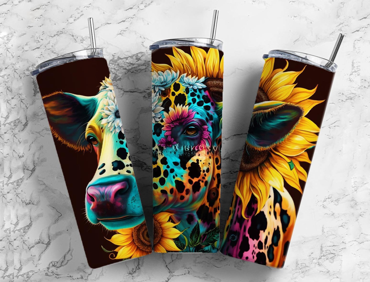 Rainbow cow 20oz Sublimation Tumbler Designs, Sunflower floral 9.2 x 8.3” Straight Skinny Tumbler Wrap PNG