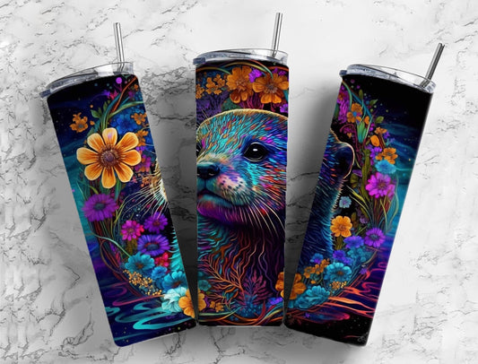 Colorful otter 20oz Sublimation Tumbler Designs, Rainbow neon 9.2 x 8.3” Straight Skinny Tumbler Wrap PNG