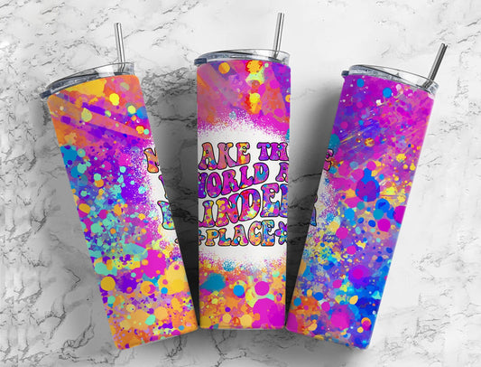 Rainbow Paint 20oz Sublimation Tumbler Designs, Hippie Make the World A Kinder Place 9.2 x 8.3” Straight Skinny Tumbler PNG