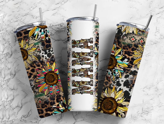 Sunflower Floral 20oz Sublimation Tumbler Designs, Mama Cowhide9.2 x 8.3” Straight Skinny Tumbler Wrap PNG, Sublimation Design PNG