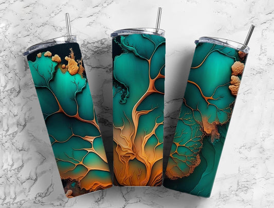 Blue and orange 20oz Sublimation Tumbler Designs, Gold vein 9.2 x 8.3” Straight Skinny Tumbler Wrap PNG